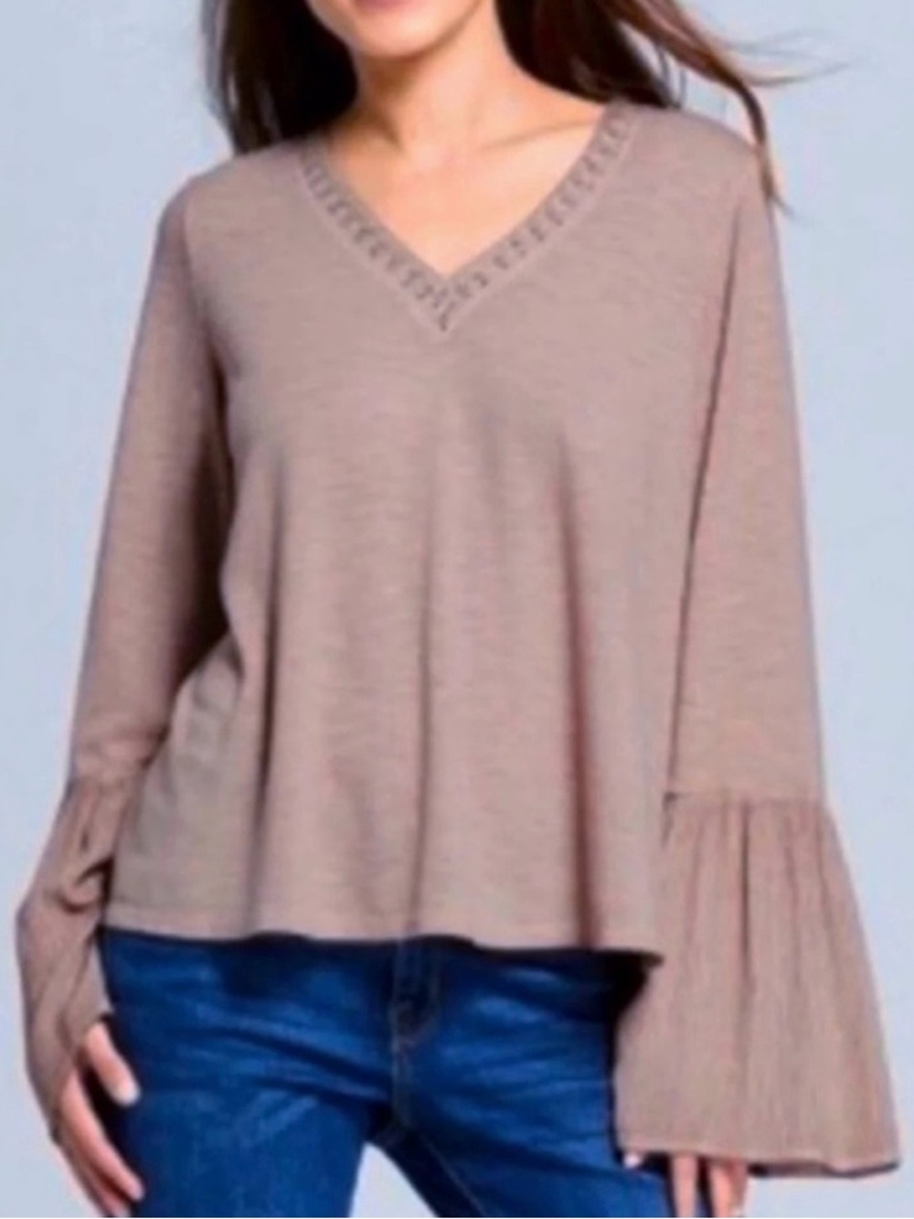 Knox Rose Bell Sleeve Beaded V-Neck Blouse // Pink // Medium